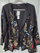 Indigo Moon Blazer Button Up Shirt Jacket Size L Boho Embroidered Beading Floral
