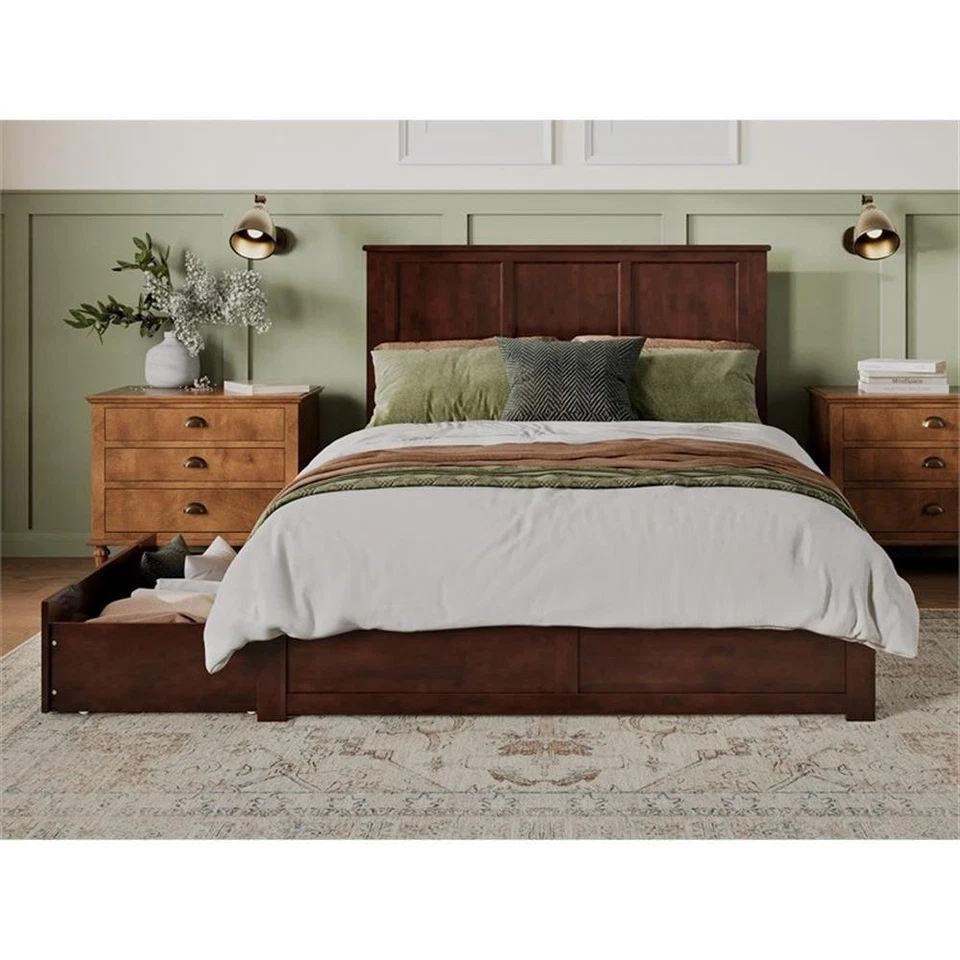 AFI Madison Queen Solid Wood Platform Bed with Storage Drawers in Walnut Foto 3 de 4