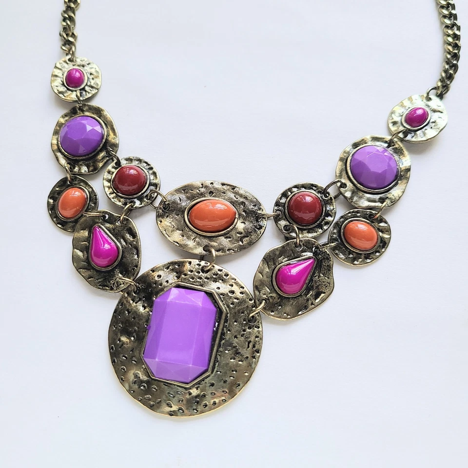 Collar Rubí Rd Road Tono Dorado Martillado Medallón Distintivo 17" Púrpura Boho Foto 3 de 4