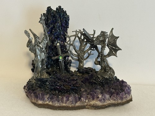 Pewter Wizard Dragon Figurines with Purple Amethyst Geode Fantasy Diorama
