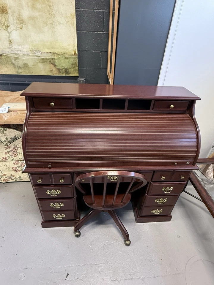 Vtg Wood Roll Top Desk w/ Chair Secretary Office Library Home Storage Drawers - Image 3 of 4