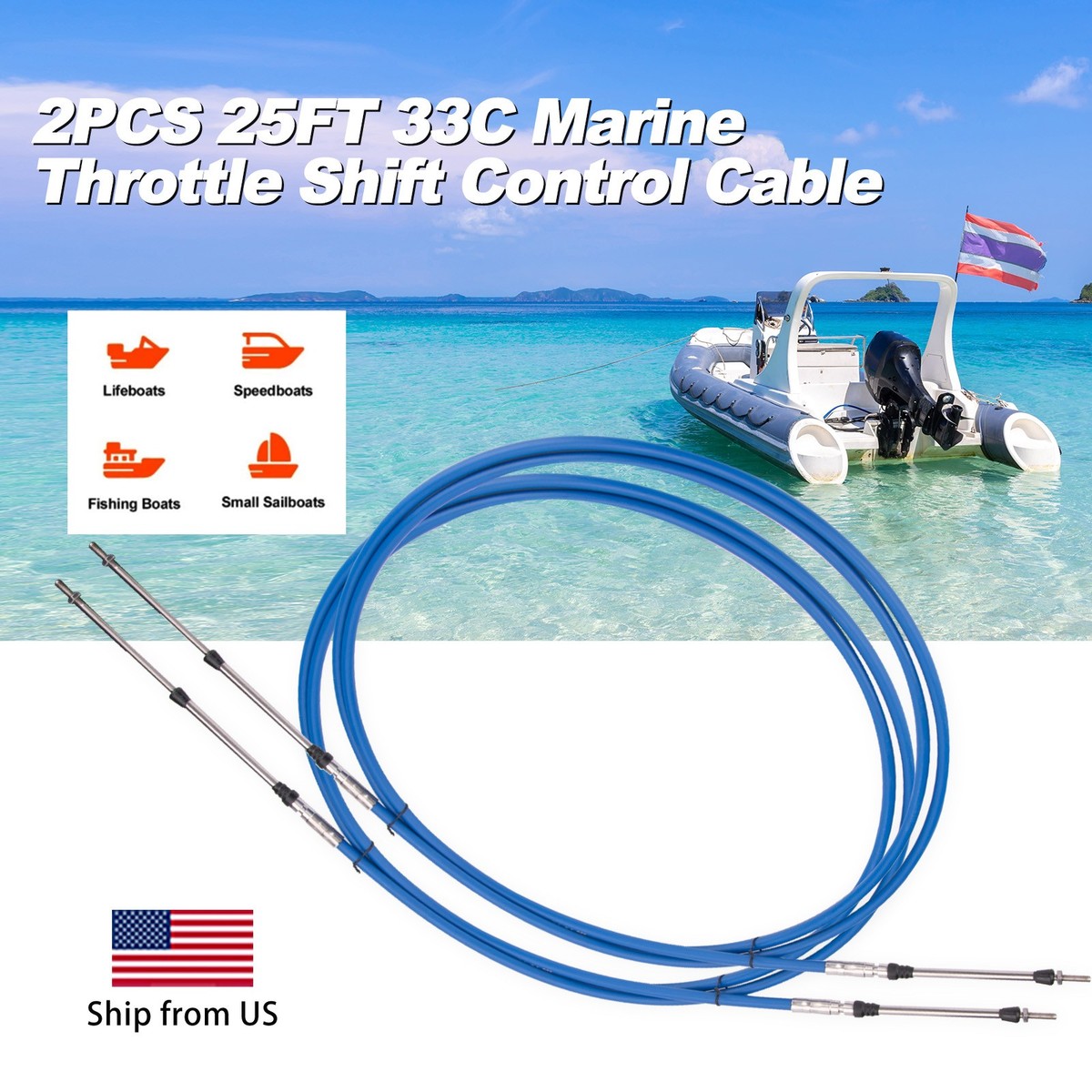 2x 25FT Boat Throttle Shift Control Cables 33C for Yamaha Honda