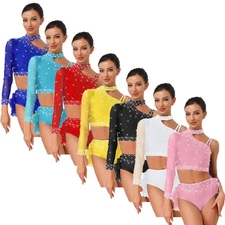 Womens Dancewear Sequin Set Feather Outfits Party Rhinestone 2-piece Latin Back