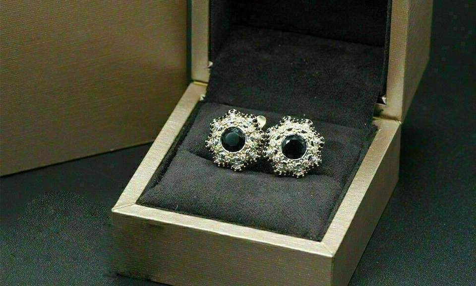 2.20CT Round Lab Created Black Diamond Halo Hoop Earrings 14K Yellow Gold Finish - Image 2 of 4