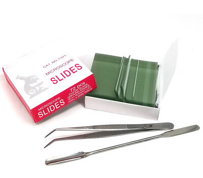 Scientific Lab Kit-72 Glass Microscope Slides w/ Tweezers & Double Ended Spatula