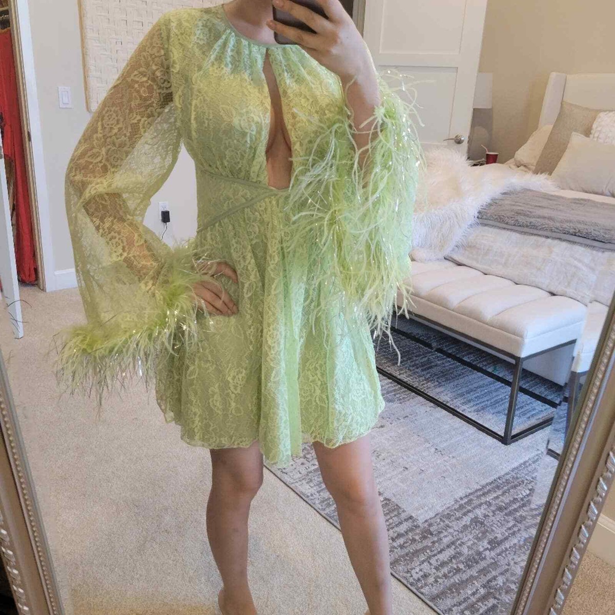 alice mccall green dress Puff sleeved mini dress