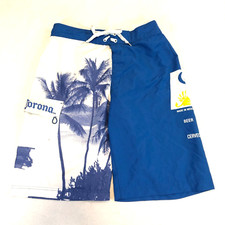 CORONA BEER Men's Board Shorts Swim Trunks Blue White Palm Embroidered Size 32