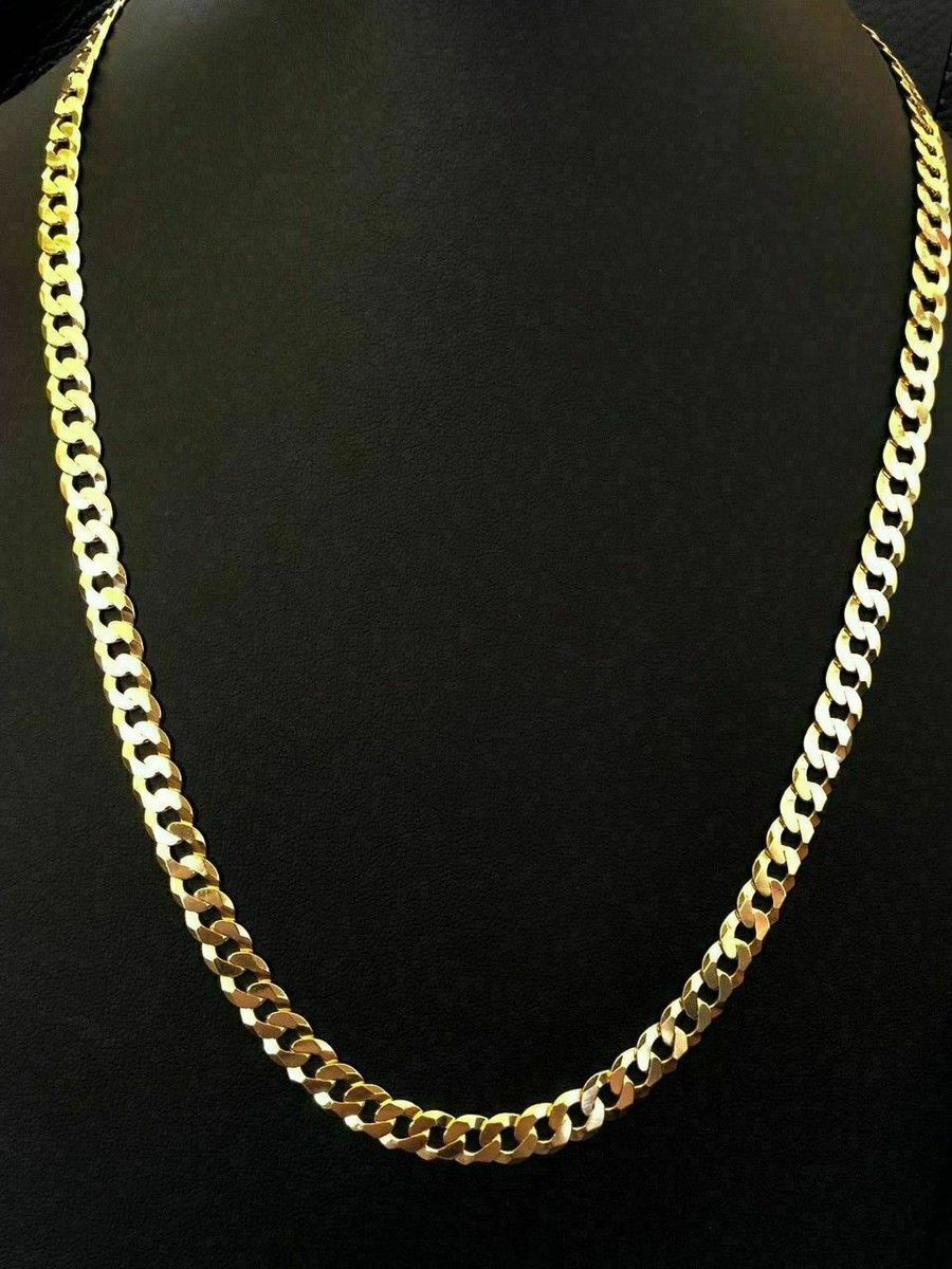 Men's Shiny 7mm Flat Miami Cuban Chain 14k Gold Plated Solid 925 Sterling  Silver