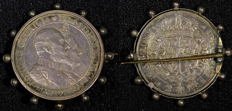 SWEDEN Oscar II Silver 1907 EB 2 Kronor Golden Wedding PIN 17.95g. KM#776  (14)
