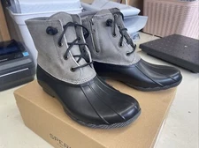 PICK SIZE - Sperry Women's Saltwater BLACK / GREY Leather Duck Boot Booties