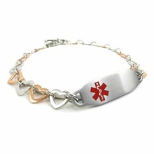 Medical Engrave ID Bracelet Stainless Steel Rose Gold, Silver Hearts Chain 8.5in