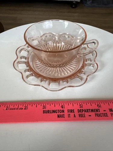 Anchor Hocking Old Colony Lace Edge Pink Depression - Cup & Saucer Set HTF