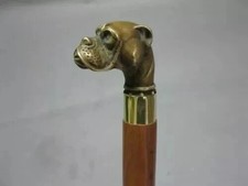 Walking Stick Vintage Designer Brass Bulldog Face Handle Victorian Wooden Cane