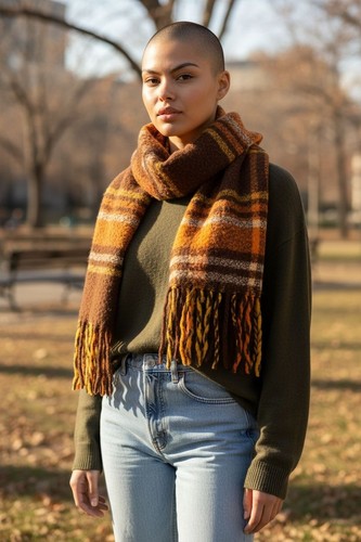 SVNX Orange & Brown Plaid Fringed Polyester Scarf