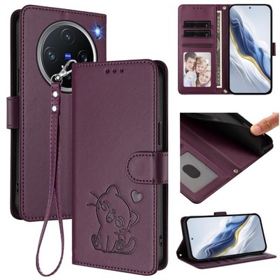 SEEKO Cover Portafoglio Per Honor X8 - Custodia In Pelle Con Design Foglie E Gatto In Rilievo - Antiurto - Colore Rosso - 2