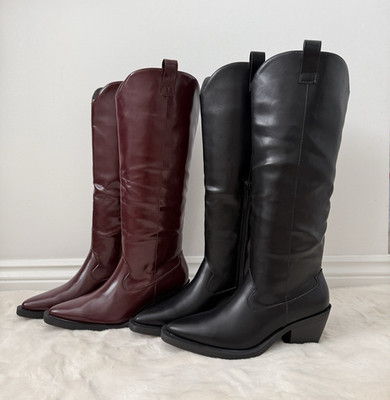 Lange Damen-Cowboystiefel burgunderrot schwarz kniehoch Western Reißverschluss Reiten Größen 3-8