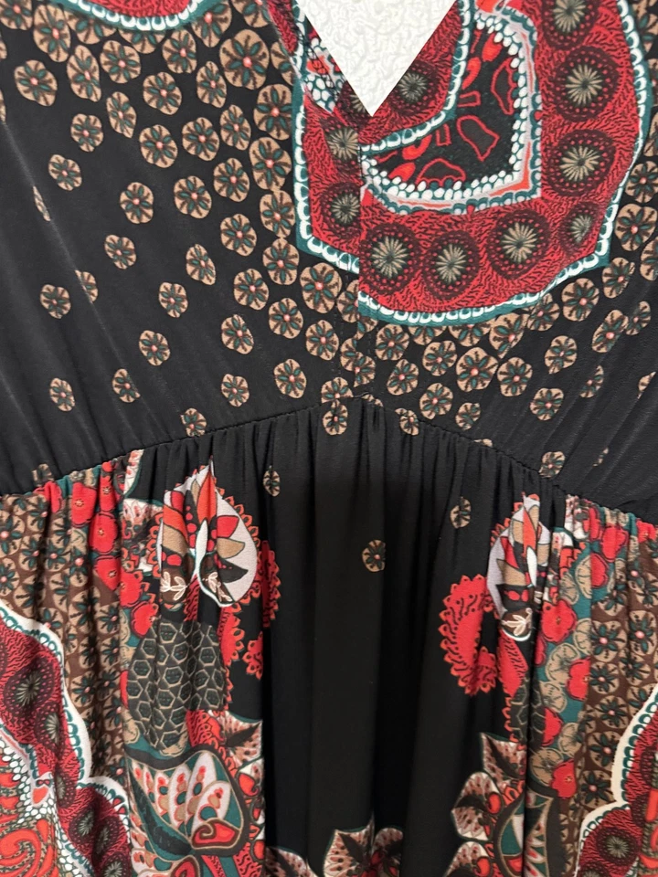 Encantador Vestido Charlie Para Mujer Grande Negro Rojo Cachemira Boho Maxi Cuello en V Y2K De Colección Foto 4 de 4