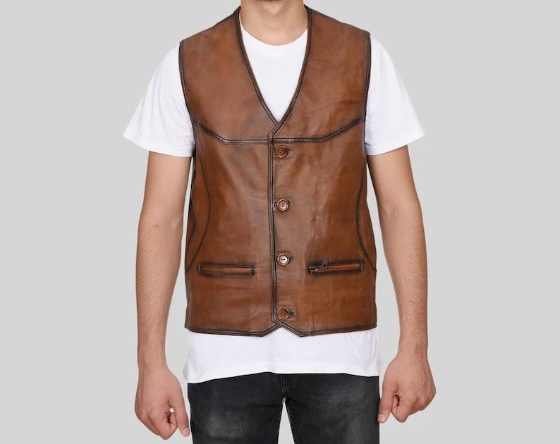 Men's Brown Distressed Leather Vest Handmade Biker Leather Coat