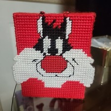 Vintage Needlepoint Tissue Box Cover Handmade Sylvester Cat Cartoon