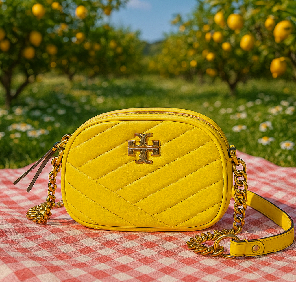 NEW Tory Burch Kira Chevron Goldfinch Yellow Leather Small Camera