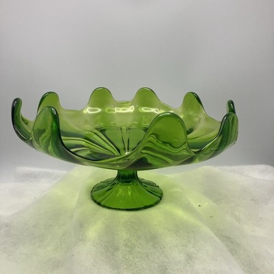 Viking Glass Epic Green 9 Petal Pedestal Bowl Compote 10  Vintage