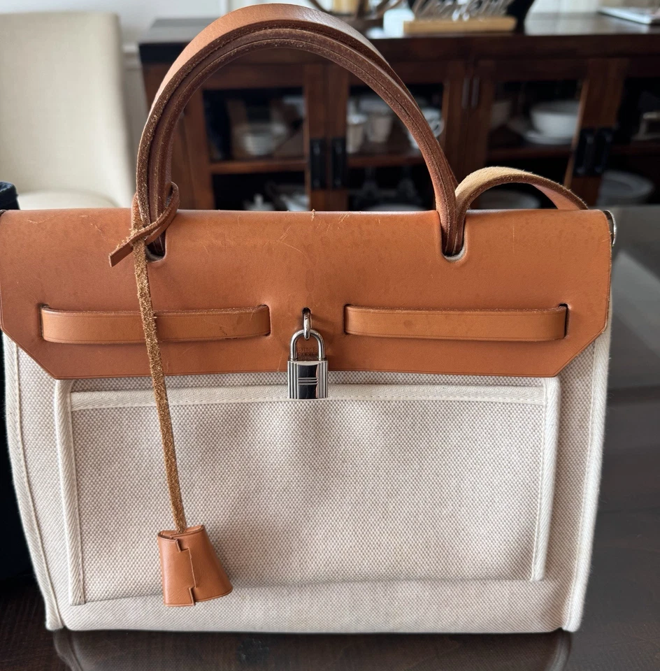 Hermes Herbag 31 Natural Vache Leather Toile and Black Canvas Palladium D Square - Image 3 of 4