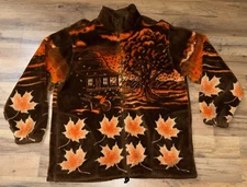 Art Unlimited Sportswear Fleece Jacket Full Zip Fall Trees Farm VTG AOP Size L