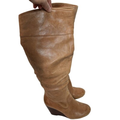 Jessica Simpson Womens Tan Leather Wedge Heeled Slouch Tall Boots Side  Zip