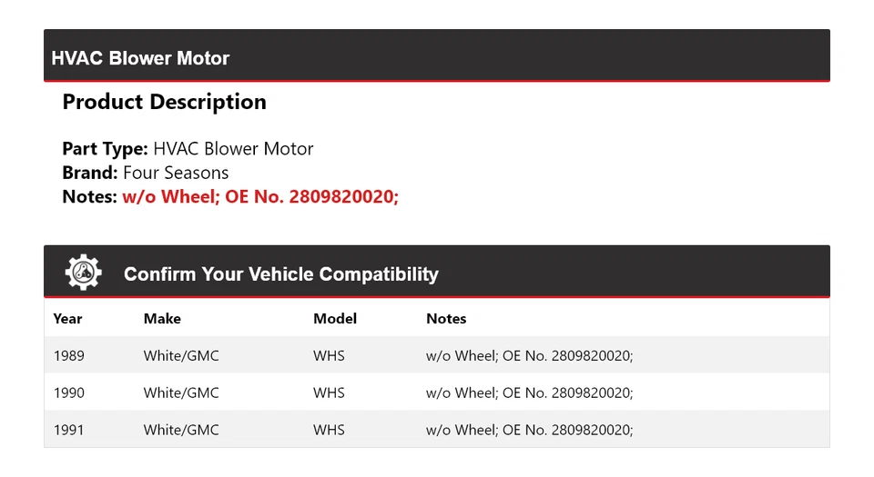 Motor soplador de climatización 4 estaciones 1990 blanco/GMC WHS 1989-1991 Foto 2 de 4