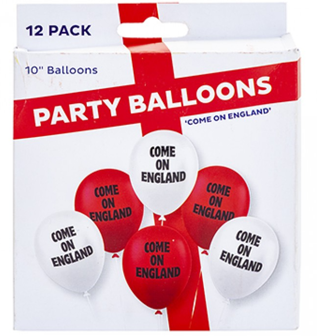 COME ON ENGLAND RUGBY / FOOTBALL FLAG BALLOONS (PACK OF 12 - 10"" BALLOONS)