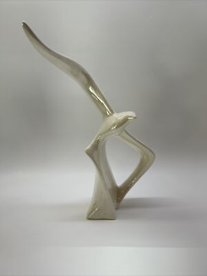 Seagull Sculpture Ceramic Mid Century Modern Bird In Flight Iridescent Off White