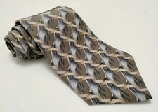 Van Heusen Silk Tie Mens Geometric Lattice Brown Blue Gold 58" x 3-7/8" - USA