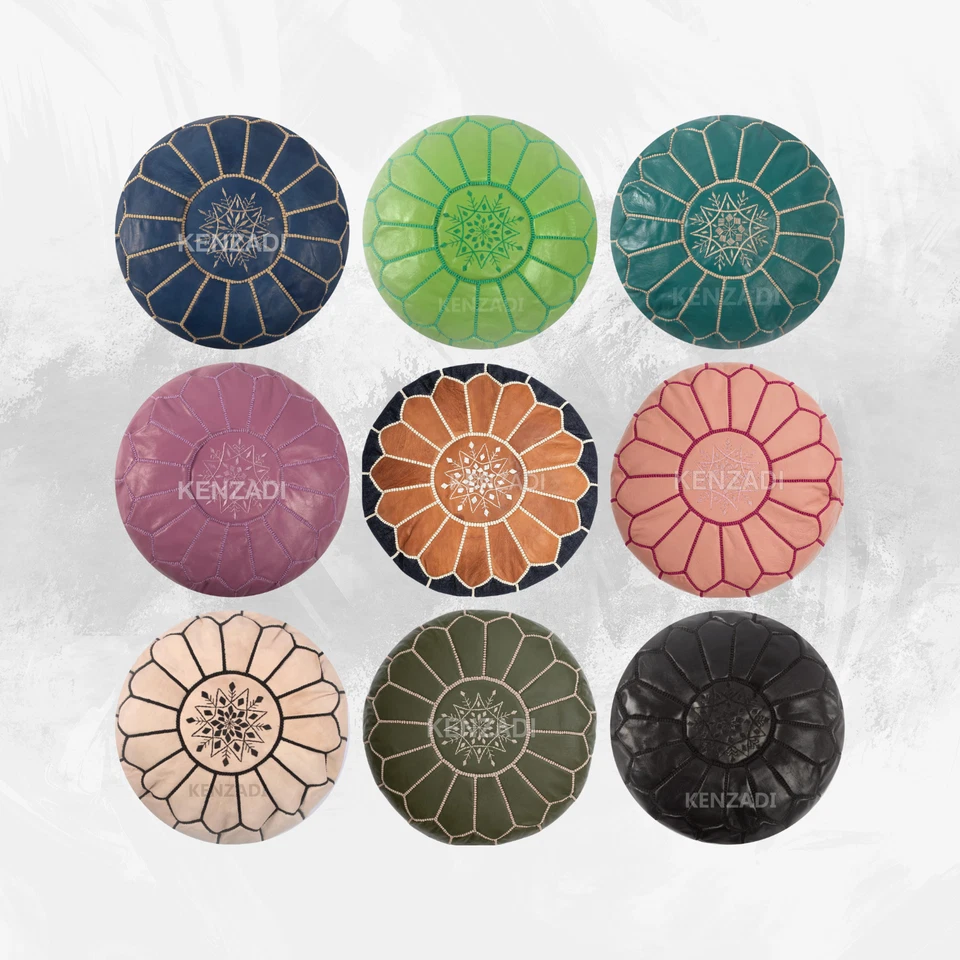 Nuevo KENZADI Sin Relleno Cuero Genuino Otomano Puf Cubierta Cosido a Mano Marrakech Foto 2 de 2