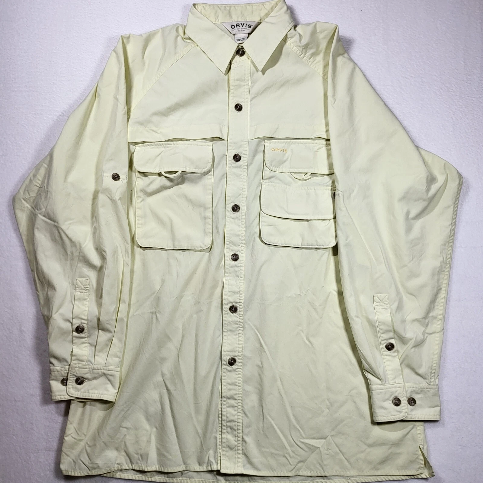 ORVIS Men's Shirt Size Large Beige Hook Loop Vent Fishing Outdoors Hiking