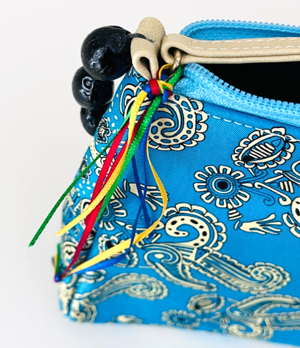 Pineda Covalin Blue Silk Shoulder Handbag Paisley Floral Black Beaded Strap NWT - Picture 10 of 20