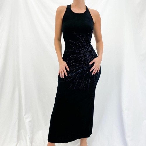 90s Black Velvet Dress With Blue Sequin 