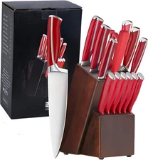Knife Set,15 Piece Kitchen Knife Set with Block Wooden, German Stainless Steel