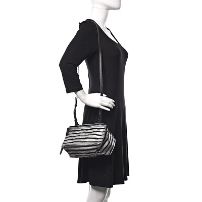 New Givenchy Metalic Calfskin Striped Mini Pandora Black Silver Bag.$1600. Rare