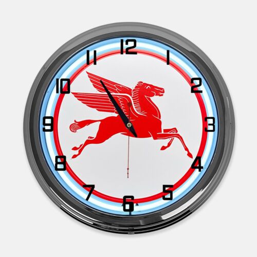 18 pouces Mobilgas Pegasus panneau métallique conçu horloge néon blanche - Photo 1/5