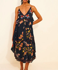 Free People Audrey Black Floral Embroidered Ruffle Midi Dress XS NWOT