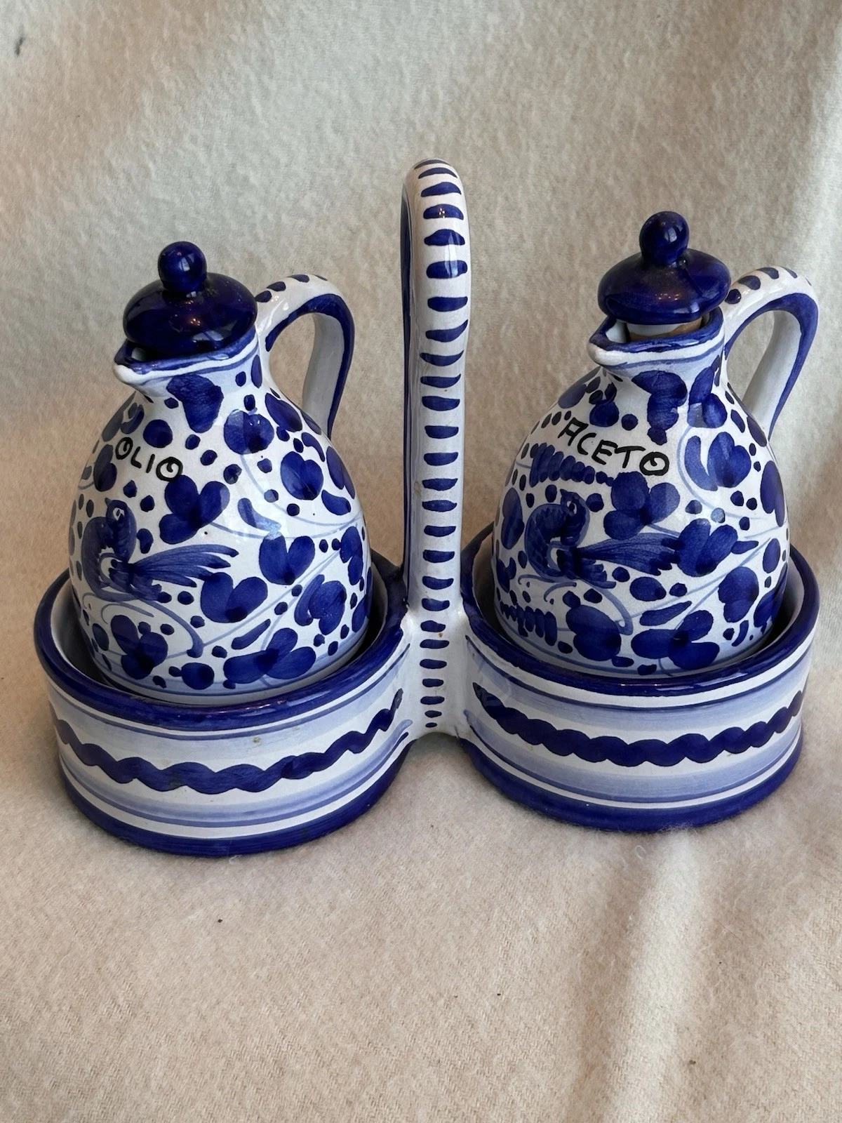 Italian - Handpainted - Blue and White - Oil & Vinegar Set w/Caddy - Stamped