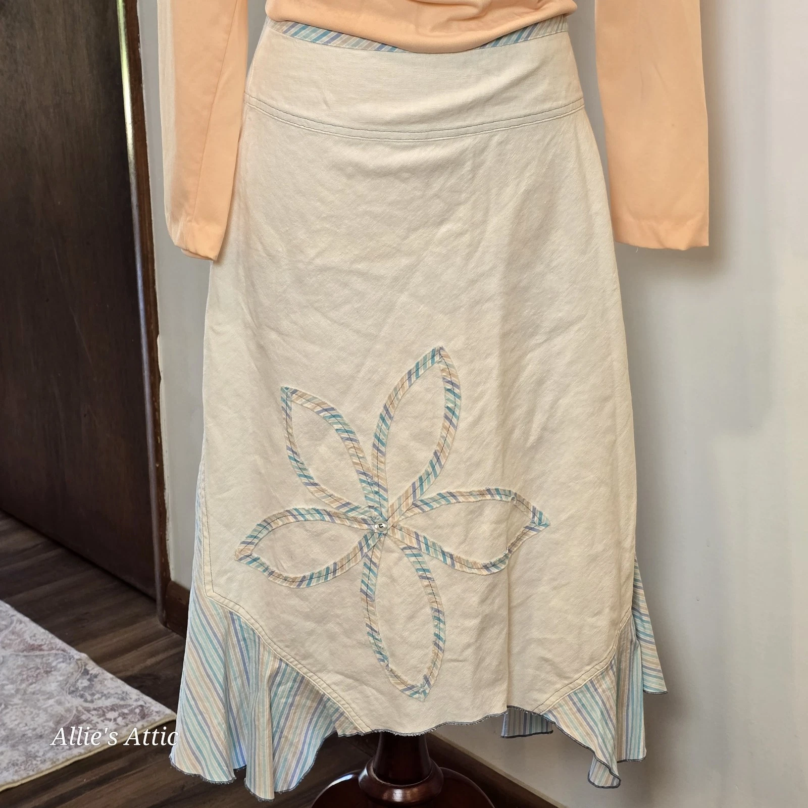 Y2K Boho Skirt Asymmetrical Cream White Blue Linen Cotton Mi So Happi Floral S