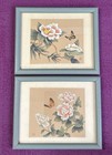Set of Vintage Signed Chinese Watercolor Painting, Flowers & Butterflies on Silk