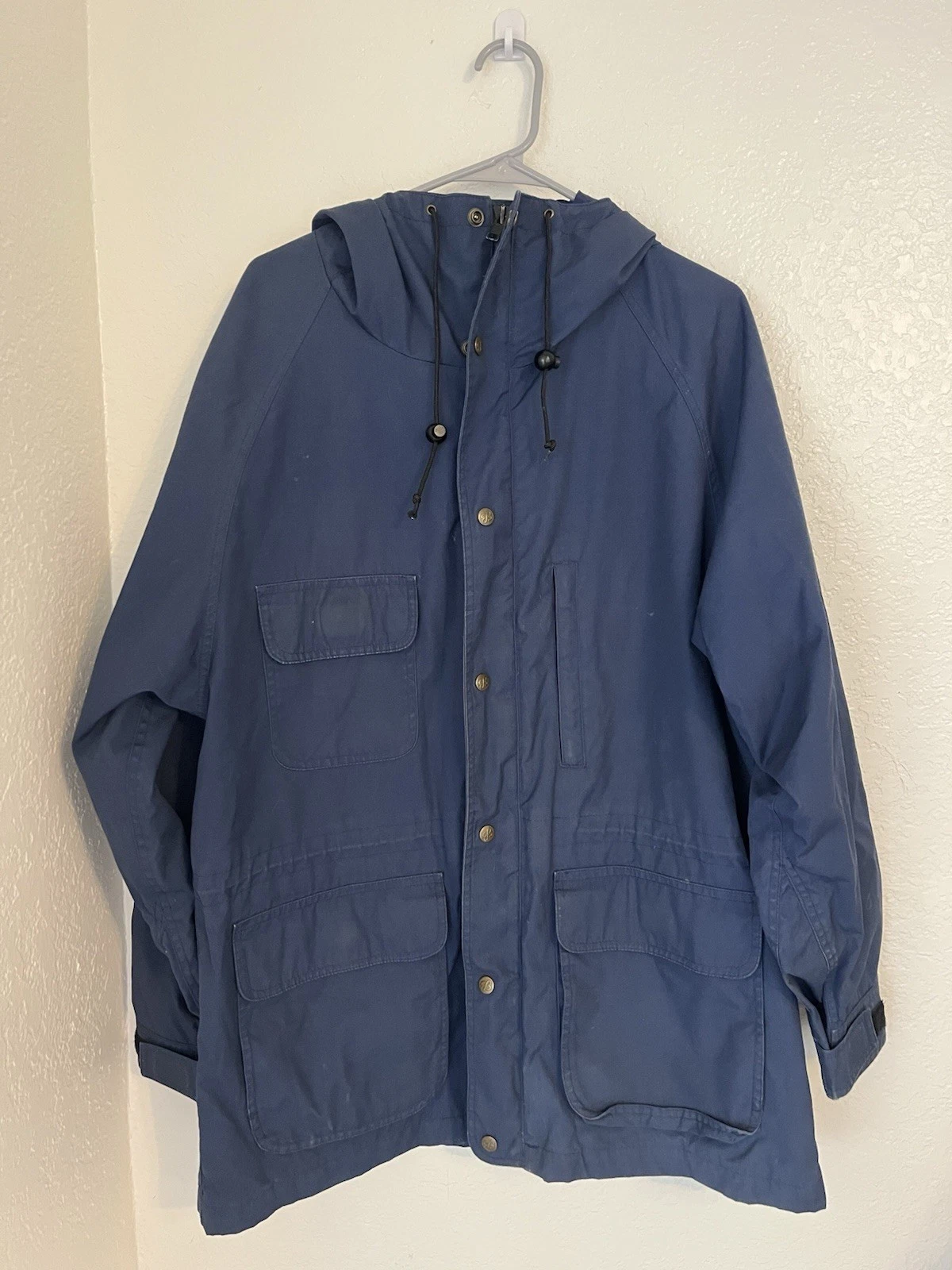 Eddie Bauer Jacket Coat Mens Large Navy Blue Hood Full Zip Snap Pockets Vintage