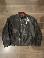 Giacca da motociclista vintage Y2K Affliction Crosses teschi in pelle ricamata 450/2700 XL