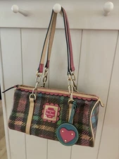 Dooney & Bourke Vintage Colorful Plaid Tartan Barrel Shoulder Bag Scallop Detail