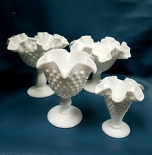 VTG Fenton Hobnail Milk Glass Lot of 4 Various Size Ruffled Pedestal Bowls