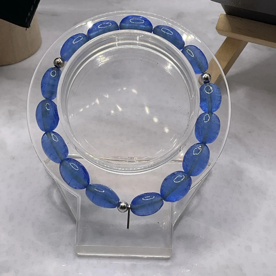 LALIQUE Crystal & 925 Sterling Silver Pebble Bracelet In Blue. Boxed With Pouch. - Image 2 of 4
