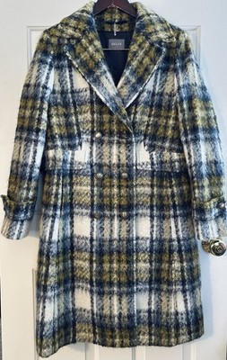 BASLER 40 Old Money Brushed Wool Abstract Plaid City Coat Painterly Tartan Efect