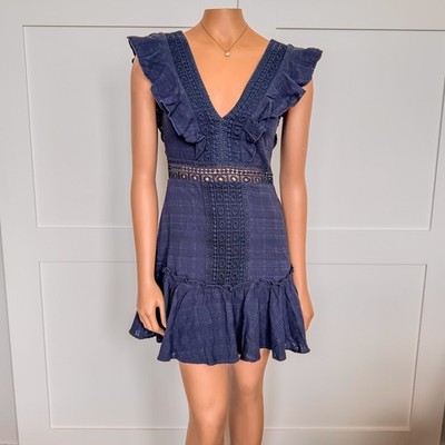NWT- Audrey Parks of Francesca s Ritah Crochet Navy Blue Mini Dress, Size Small